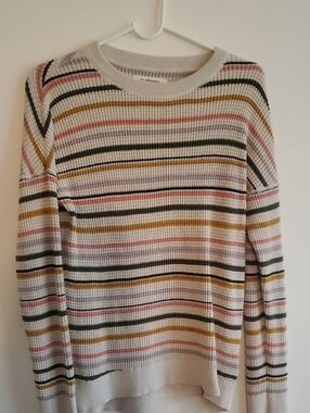 REI Cream Striped Crewneck Sweater with Pink, Mustard & Black Accents